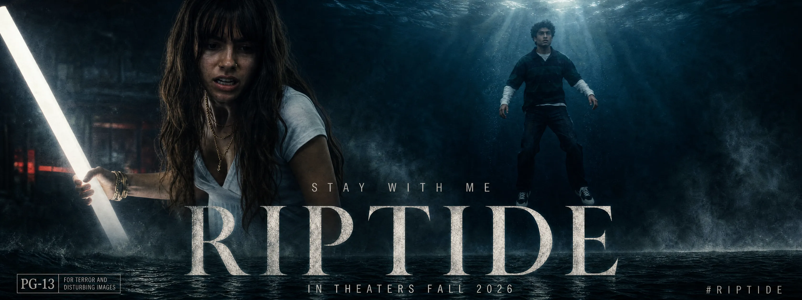 A woman drenched and reaching with a glowing light rod while a man floats underwater above her, RIPTIDE poster art with the tagline STAY WITH ME