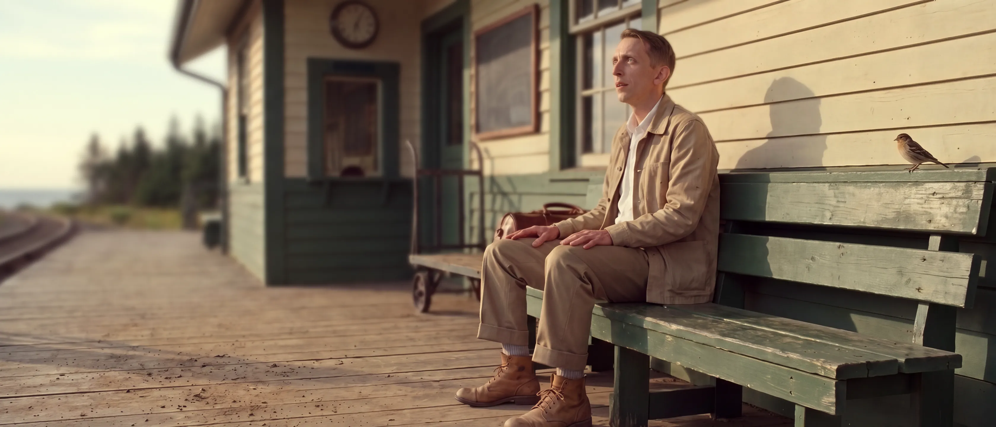 A slight man in a beige jacket sits alone on a long teal park bench at a stone transit platform, one boot off beside a scuffed duffel, gazing up and away while identical men in pale shirts stand turned away behind a long row of glass windows.