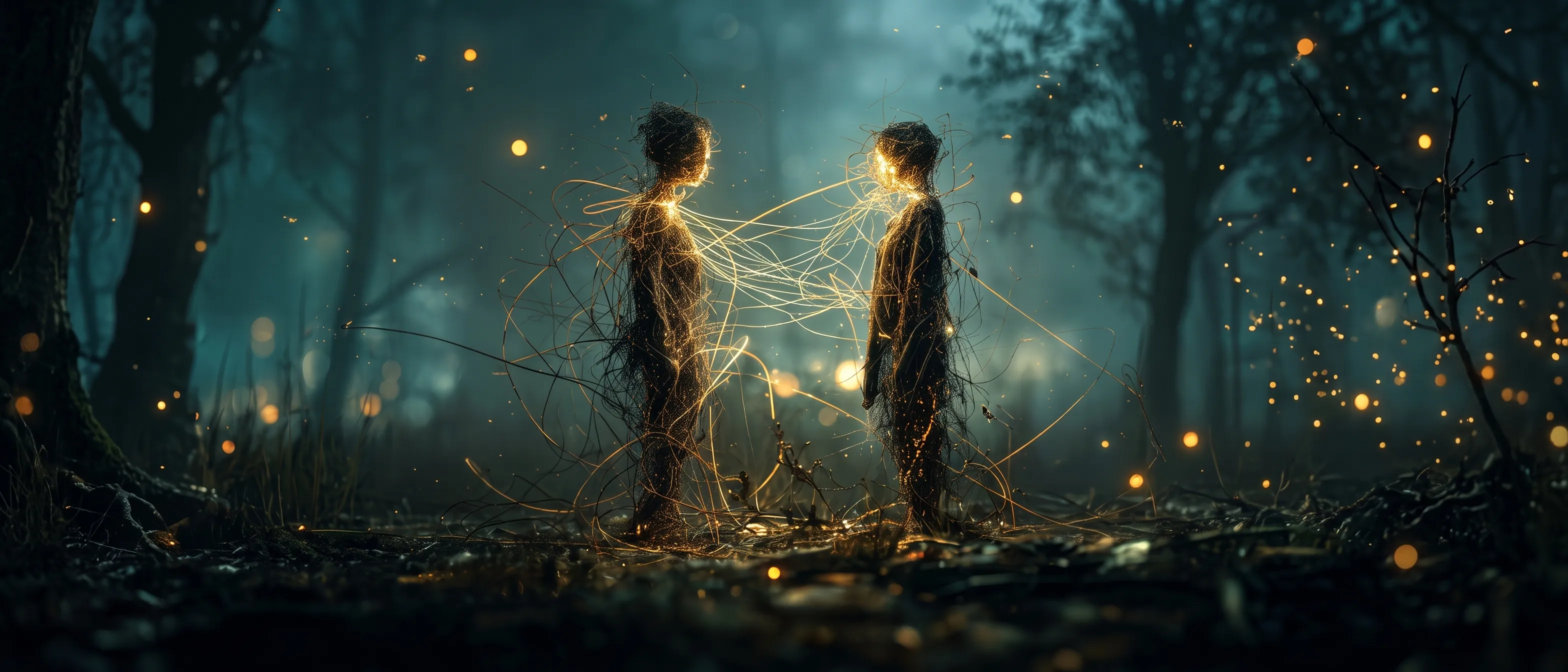 Two glowing, twig-woven humanoid figures face each other in a misty night forest, connected by luminous golden threads with fireflies drifting around them.