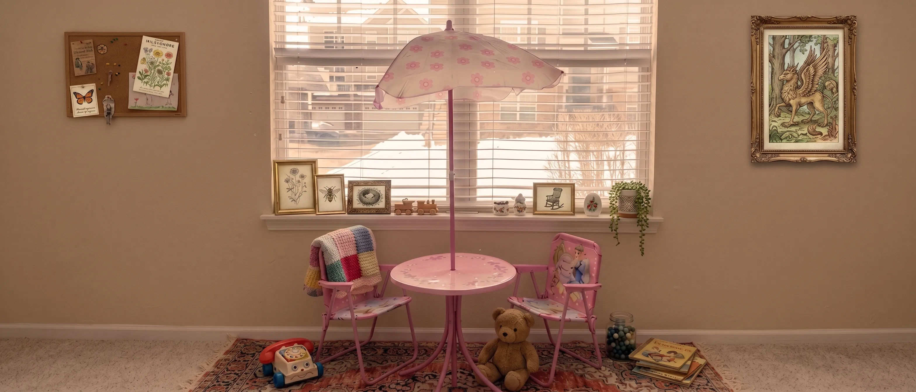 A sunlit pastel-pink child's play corner with a small round table and two folding chairs under a flowered umbrella, a crocheted blanket, a teddy bear, wooden toys, and stacked storybooks on a rug in front of a window with venetian blinds.