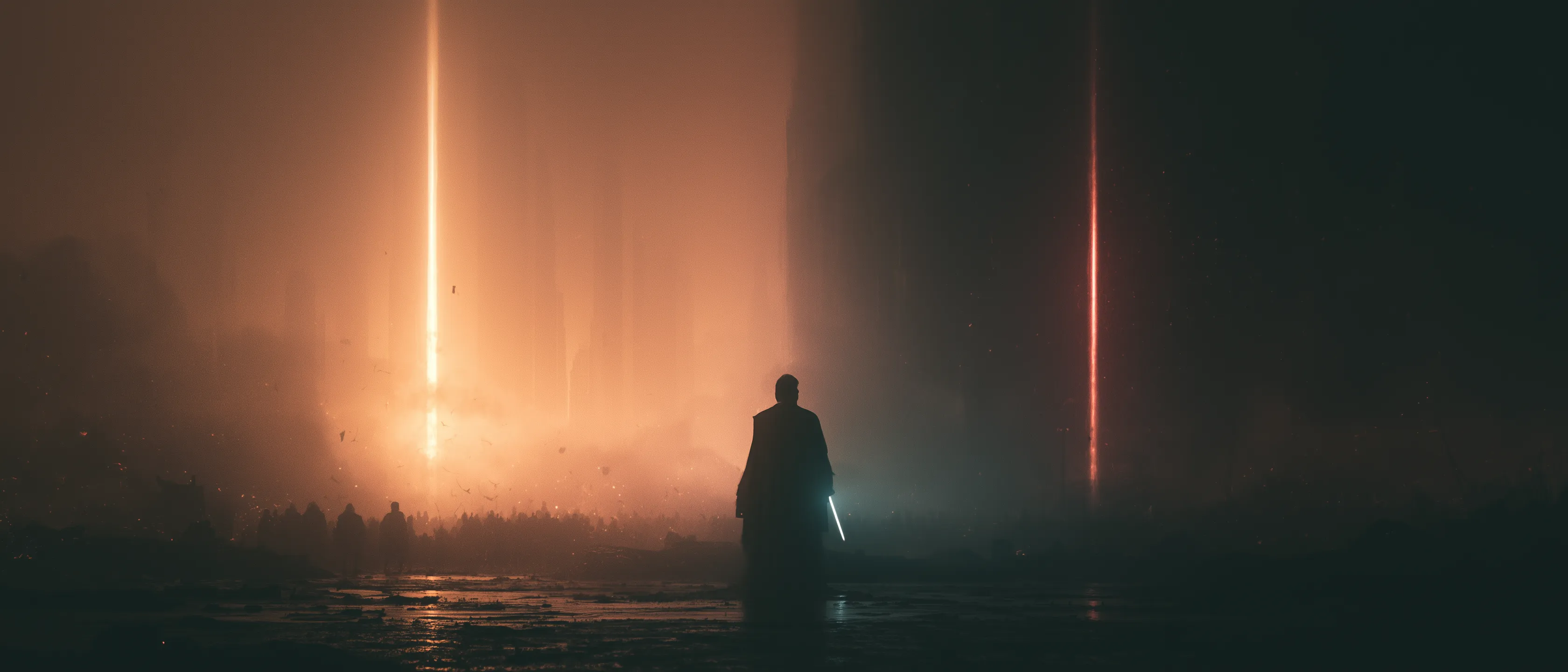 A lone robed figure grips a glowing lightsaber in drifting smoke, flanked by a warm white-gold beam of light and a cold blue-red beam of darkness.